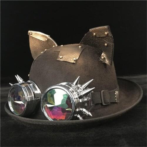 Women Steampunk Bowler Hat Retro Lolita Patch Gear Glasses Topper Top Hats Fedora Headwear Cosplay Cat Ear Billycock Groom Hat