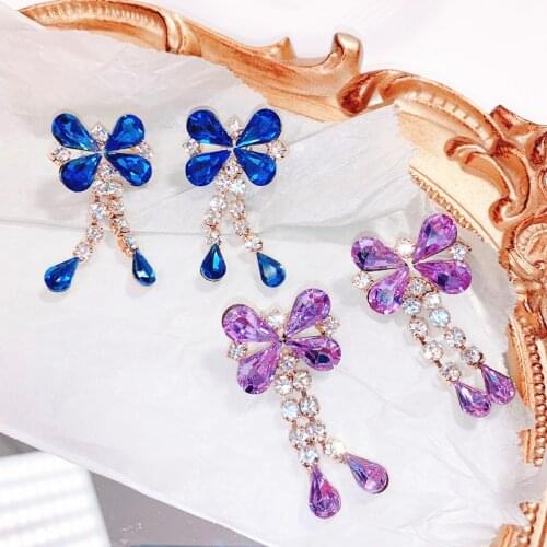 MWSONYA Korean Luxurious Crystal Flowers Drop Earrings for Women Fashion Chain RhinestoneTassel Pendientes Bowknot Jewelry Gifts