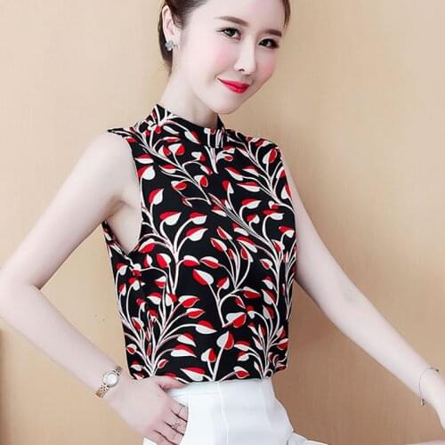 Women Spring Summer Style Chiffon Blouses Shirts Lady Casual Stand Collar Sleeveless Printed Blusas Tops ZZ0467