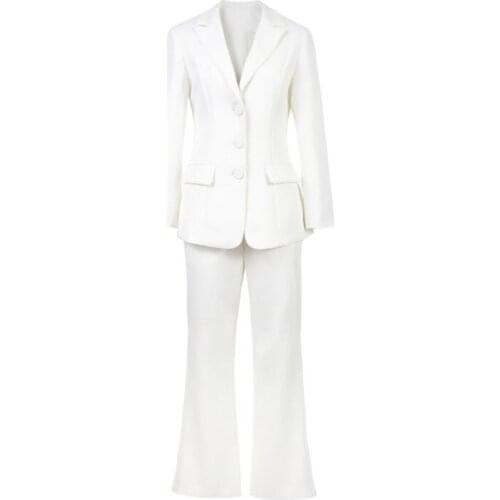 Office Ladies Slim Fit White Solid Flare Pants Suits Long Sleeve Single Breasted Blazer Suits Fashion Womens Two Piece Sets 2020