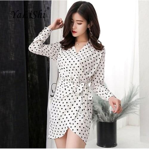 Women White Dot Asymmetrical Dress Autumn Full Sleeve V-neck Elegant Office Ladies Mini Dress Vintage Casual Bandage Dresses