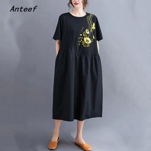 Short sleeve plus size black cotton vintage floral dresses for women casual loose summer dress elegant clothes 2021 sundress