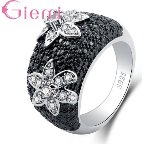 Genuine 925 Sterling Silver Double Flower Paved Wide Loop Finger Retro Rings for Women Wedding Engagement Jewelry Gift