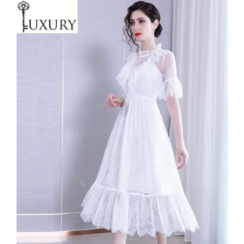 Summer Elegant New 2020 Fashion Style Women Ruffled Collar Black White Cotton Lace Floral Patterns Mid-Calf Dress
