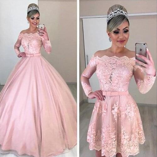Pink Bridal Dress 2021 Off-the-shoulder Neckline 2 In 1 Wedding Dresses Long Sleeves & Short Wedding Dress For Bride