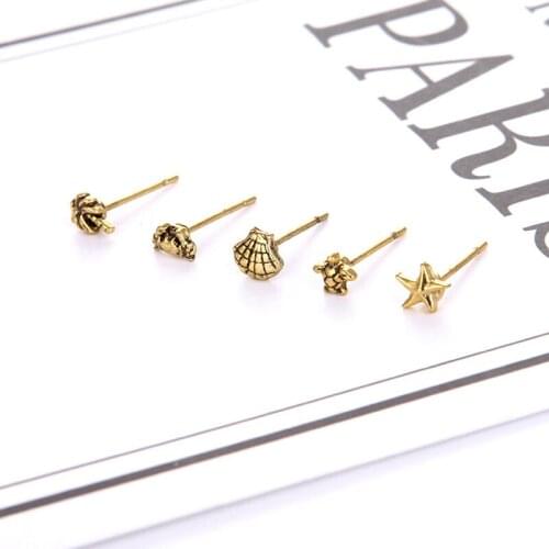 5 Pcs/set Women Golden Ultra Small Stud Earrings Mini Stud Earrings Starfish Earrings Turtle Coconut Crab Shell Set Gift Trendy