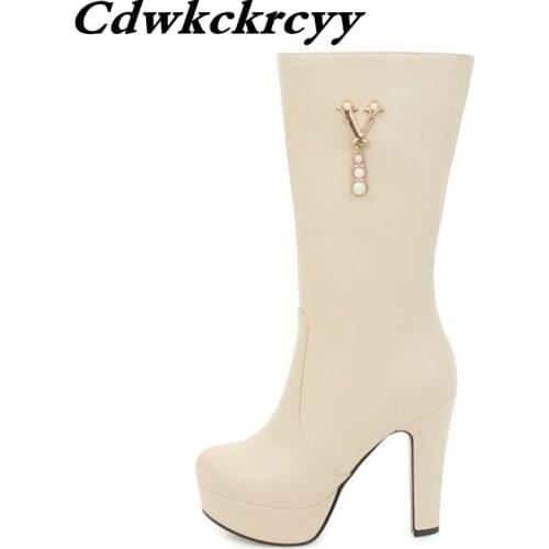 Promotion white dance High-heeled Waterproof Round head Martin boots fashion princess Large code Women Boots plus size 34-45