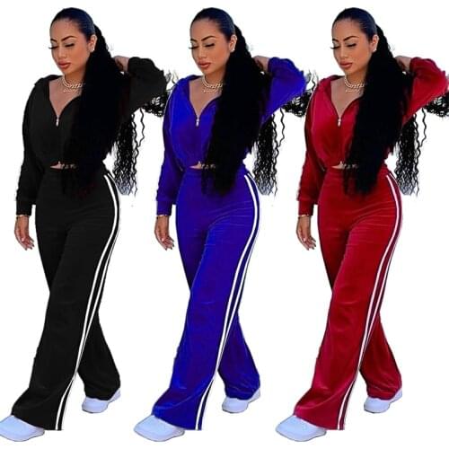 Velvet Tracksuit Women Two Piece Set Autumn Clothes Hooded Long Sleeve Crop Jacket and Wide Leg Pants Co-ord Suit Velour Outfits