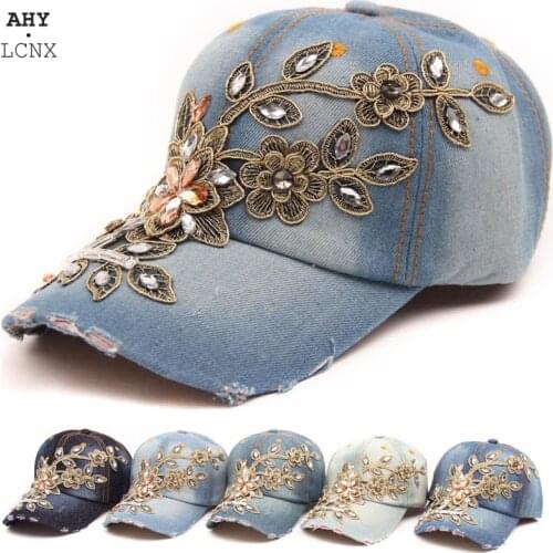 Summer Autumn Women Baseball Cap Denim Diamond Embroidery Flower Cowboy Snapback Hats Jeans Casual Female Cap Sun Visor Hat