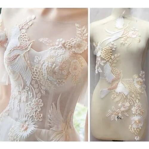 Color 3D flower mesh gauze embroidery fabric lace dress cloth patch gold cream patch repair wedding dress patch off white patch