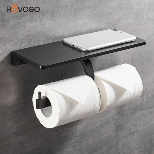 ROVOGO Matte Black Double Roll Toilet Paper Holder with Phone Shelf, Modern Style Bathroom Tissue Dispenser Wall-Mounted