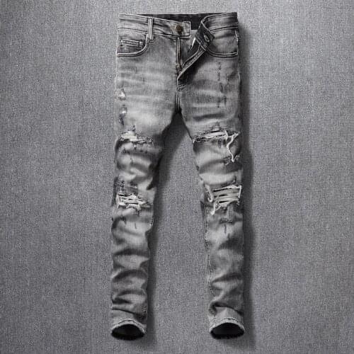 Streetwear Denim Punk Pants Retro Gray Fashion Designer Men Jeans High Quality Elastic Cotton Slim Fit Hip Hop Ripped Jeans Men