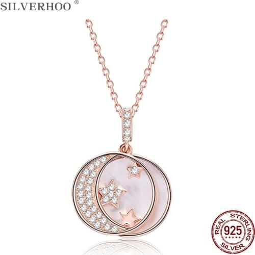 SILVERHOO 925 Sterling Silver Pendant Necklace For Women The Exquisite Stars And Moon Necklaces Party Fine Jewelry New Arrival