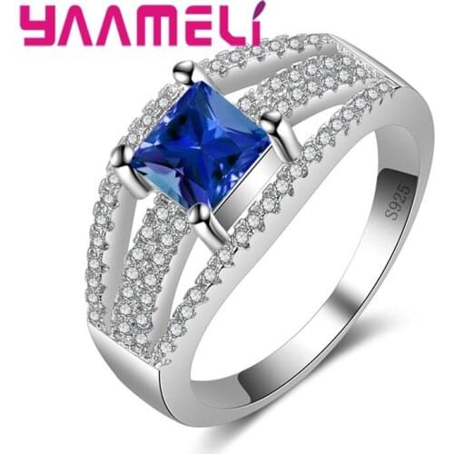 Good Quality Three Lines Design Real 925 Stamped Silver Sparkling Square Crystals Jewelry For Women Wedding Finger Rings