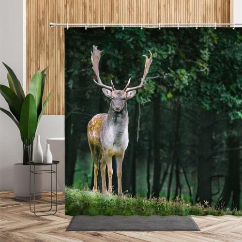 Forest Elk Shower Curtains Wild Animal Deer Christmas Decor Background Bathtub Screen Bath Curtain Set Fabric With Hook Washable