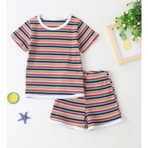Summer kids clothes Baby girls boys suits kids short sleeve Stripe tops+shorts set children cusual sleep clothes outfits sets CM