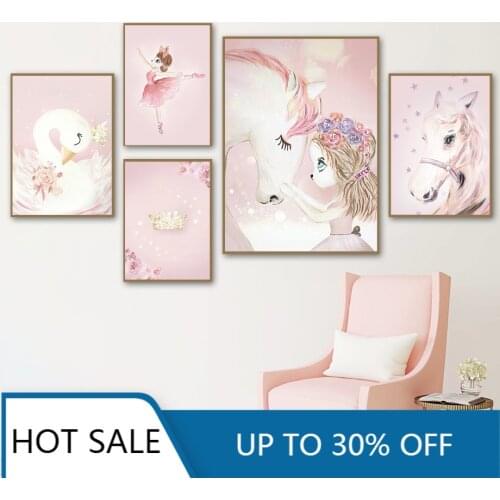 Cartoon Girl Unicorn Swan Horse Flower Crown Wall Art Canvas Painting Nordic Posters And Prints Wall Pictures Kids Room Decor