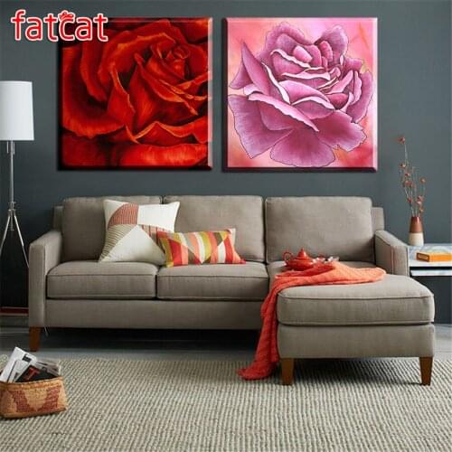 FATCAT Red rose pink flower 2pcs/set diy 5d diamond painting full square round drill diamond embroidery kit home decor AE1641