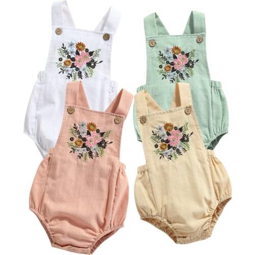 New Infant Sleeveless Romper with Flower Embroidery, Bottom Button Adjustable Shoulder Strap Summer Clothing