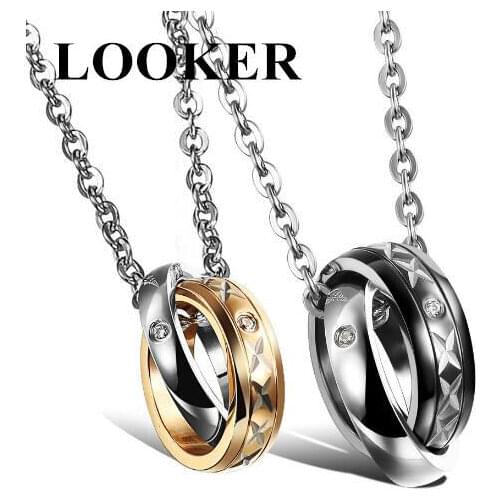 Black/Gold Color Circles Love Couple Pendant Necklace Stainless Steel Cubic Zirconia Statement Necklace Valentines Day Jewelry
