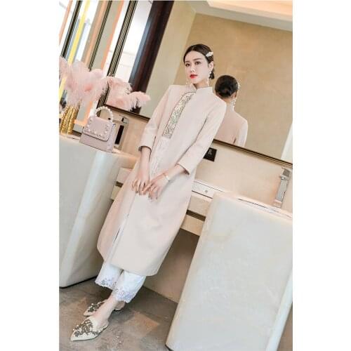 New autumn winter Chinese retro Embroidered mandarin collar big size long-sleeved loosen woolen Cheongsam dress for women