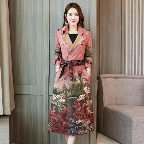 Trench Coat Women 2020 Spring Autumn Printing Long Suede Windbreaker Fashion Female Slim Coat Plus Size Trench Coat 11459