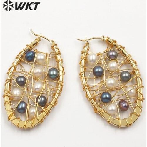 WT-E587 Natural Freshwater Pearl Earring Gold Electroplated wire wrapped pearl Earring Mesh Design Woman elegant Jewelry