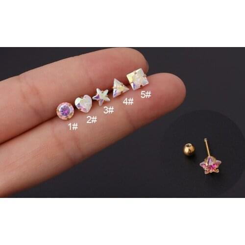 1PC Stainless Steel AB Crystal Zircon Heart Star Square Round Helix Cartilage Tragus Lobe Ear Piercing Jewelry
