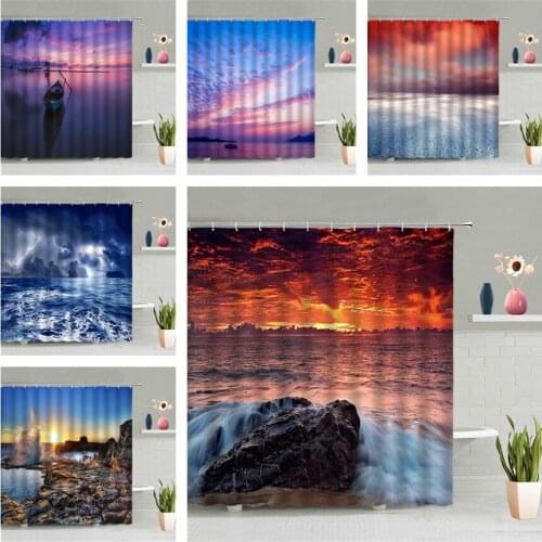 Summer Sunset Ocean Shower Curtain Sea Wave Sky Dusk Scenery Modern Bathroom Decor Wall Hanging Curtains Bath Screen Hooks Set