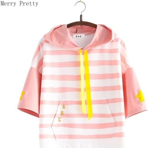 Harakuju Letter Embroidery Striped Hoodies Women 2021 Summer Half Sleeve Kawaii Hooded Sweatshirts Korean Fashion Drawstring Top