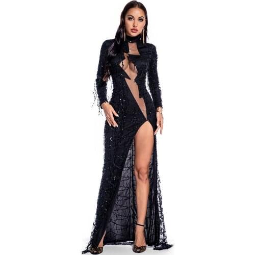 Ziamonga Runway Fashion Sequined Dress 2021 New Arrival Women Sexy Side Slit Maxi Long Bodycon Dress Club Evening Party Dresses