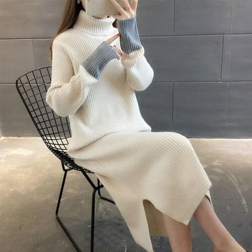 Ladies High-neck Solid Color All-match Base Knitted Maxi Dress Female Elegant Sweater Split Fork Casual Dress 2021 Autumn Winter