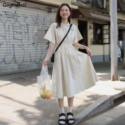 Short Sleeve Dress Women Solid Simple Turn-down Collar Preppy Style A-line Slim Womens Embroidery Chic Loose Sweet Elegant New