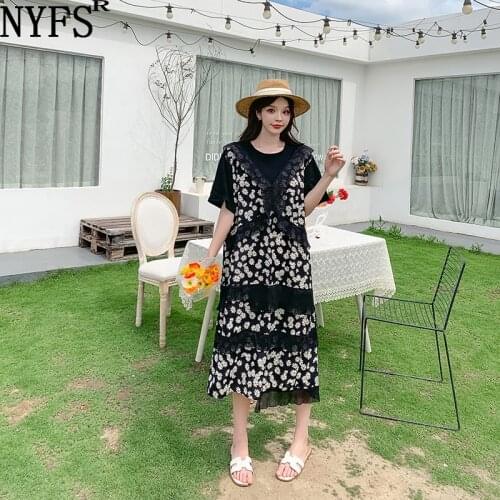 NYFS 2021 New Korean Fashion Loose Woman Dress Vestidos Robe Elbise Patchwork Chiffon Daisy Flower Summer Dress