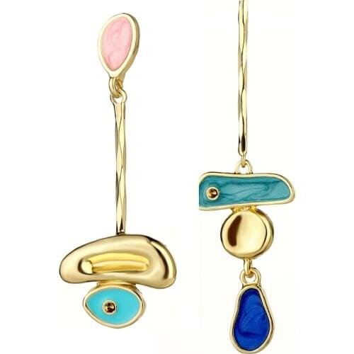 2021 Pri Jin New Earrings Small Fresh Water Drop Pendant Asymmetrical Drop Oil Earrings Women Personality Fashion Jewelry