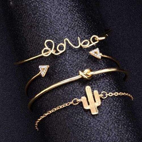 4pcs/set Exquisite Simple Knot Love Gold Opening Bracelet Set Vintage Beautiful Leaf Arrow Bangle Cuff Bracelets Causal Jewlery