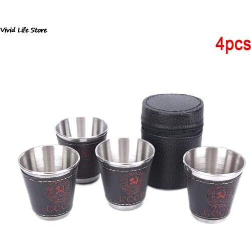 4pcs/lot 70ml Outdoor Camping Tableware Travel Cups Set Picnic Supplies Stainless Steel Wine Beer Cup Whiskey Mugs PU Leather