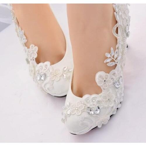 White Wedding Shoes Bride Female High Heels Shoes woman Color lace rhinestone pearl shoes princess Ball party shoes Large size