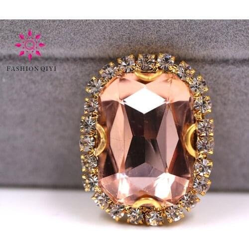 Free shipping Gold base Rectangular octagonal shape Water Red sew on rhinestones glass Crystal button DIY clothing accessories