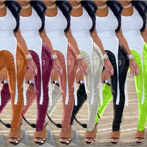 BKLD Brigtht Faux Leather Pants PU Glossy Pencil Trousers Mid-rise Button Zipprt Skinny Fashion Women Pants Streetwear Plus Size