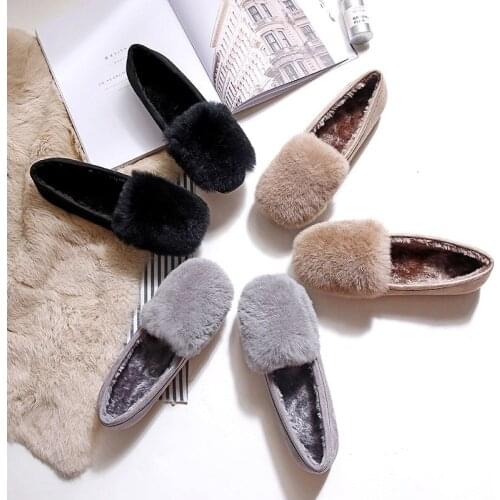 Brand women rabbit fur flat slip on creepers round toe plush winter moccasins ladies 34-43 big size solid color flats shoes 2019