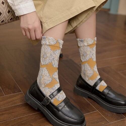 CA084 Japanese Cute Mori Girls Cotton Socks Vintage Flower Folds Women Socks Comfortable Patchwork Calcetines Mujer