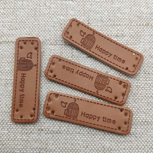 Free Bird Pu Leather Handwork Labels For Clothing Happy Time Logo Sewing Handmade Tags For Clothes Gift Handmade Leather Label