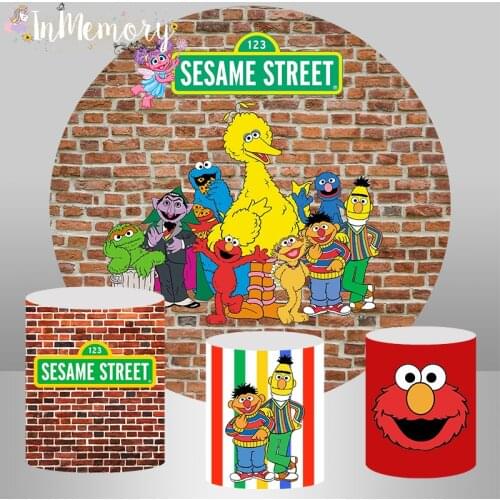 Circle Round Backdrop Brick Wall Sesame Street Background Cartoon Elmo Photo Studio Kids Birthday Party Decor Cake Table Cover