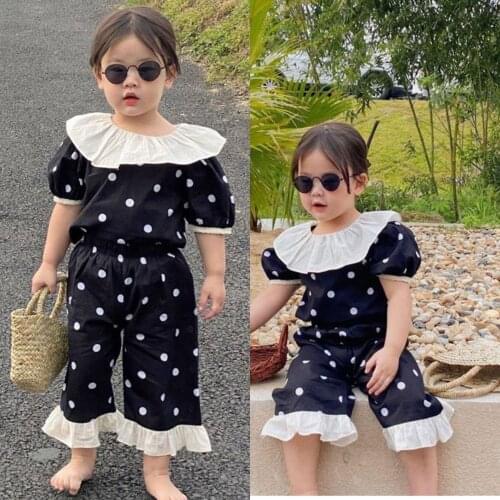 Toddler Girls Clothing Set 2021 New Summer Baby Cute Lapel Dots Shirts Lace Pants 2pcs for Girl 2 3 4 5 6 7 Y Child Clothes Suit