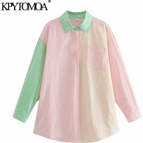 KPYTOMOA Women 2021 Fashion With Pockets Patchwork Oversized Blouses Vintage Long Sleeve Button-up Female Shirts Chic Tops