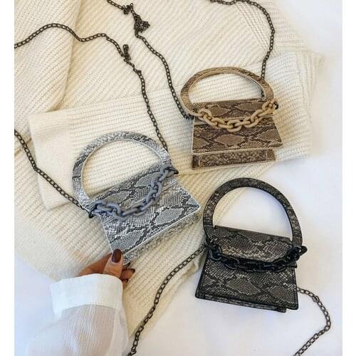 Fashion Snake Printed Womens Shoulder Crossbody Bags Casual PU Leather Thin Chain Mini Messenger Handbag Acrylic Handle Purse