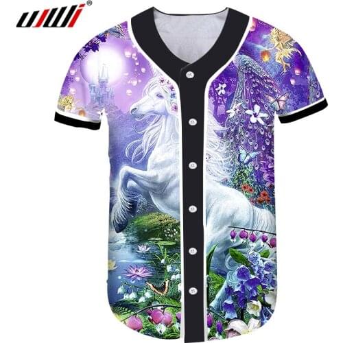 UJWI Men Buttons Tshirt Cool 3D Print White Horse Baseball T-Shirt Unisex Hip Hop Custom Made Baseball Jersey Uniform Shirts
