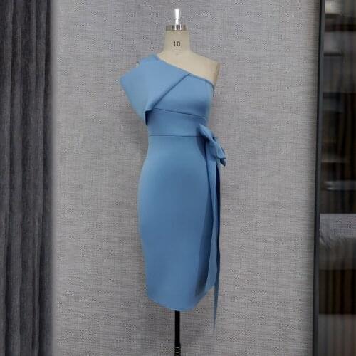 New mothers dress, sleeveless gray-blue fabric, knee length, one shoulder, dinner bride and mother dress MA40