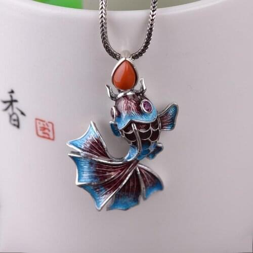 New silver inlaid Enamel porcelain Agate Cloisonne Pendant Necklace Chinese classical elegant light luxury charm womens jewelry